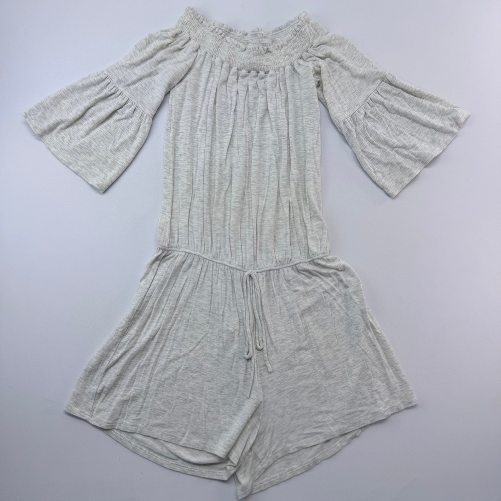 12PM by Mon Ami Gray Heathered Off Shoulder Bell Sleeve Romper Small
